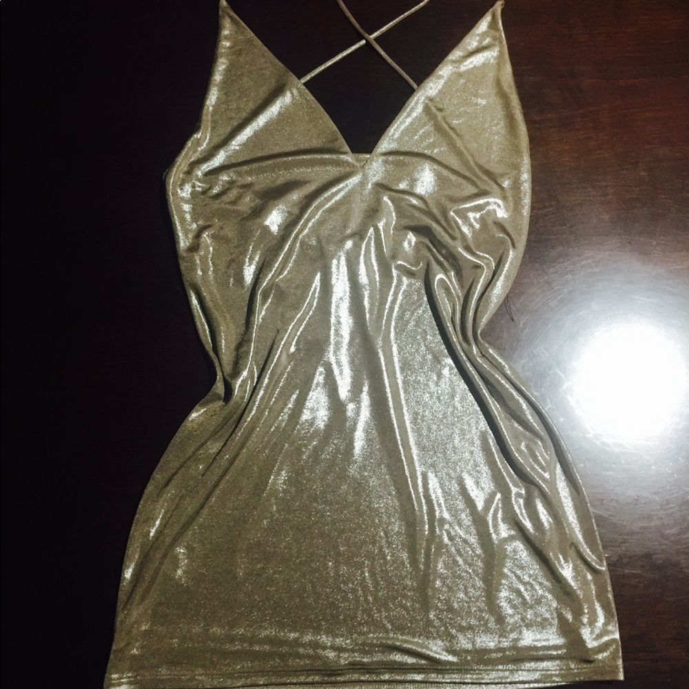 Gold metallic mini dress open cross back
